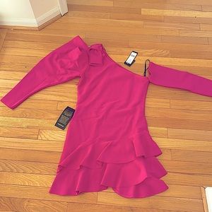 bebe One-Shoulder Hot Pink Ruffle Dress